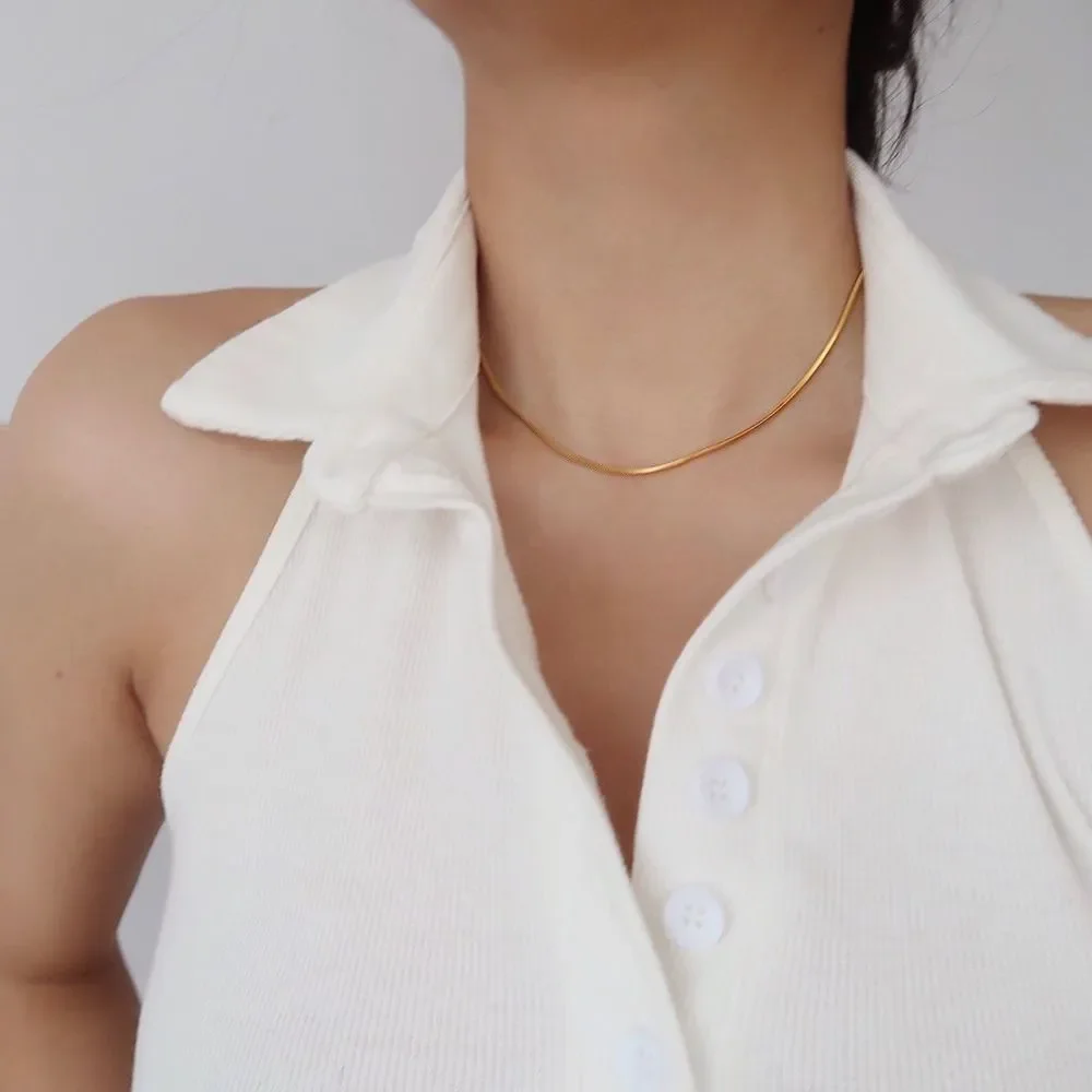 18K Thick Gold Plated Square Herringbone Chain Necklace